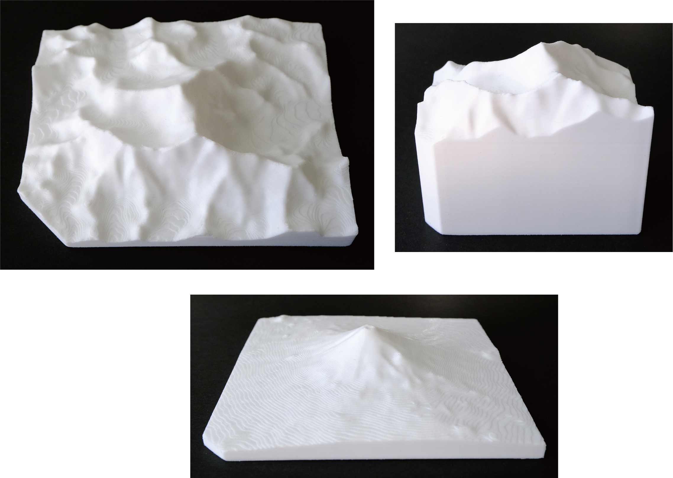 エベレストと富士山の模型の写真である。上左はエベレストの山頂を含む広域の模型であるが、海面から4500mm以下の部分を削除している。上右はエベレストの山頂を含む、より狭い範囲の模型であるが、海面からの高さも含んでいる。下は富士山の模型であり、山頂を含む広域の模型であり、海面からの高さを含んでいる。