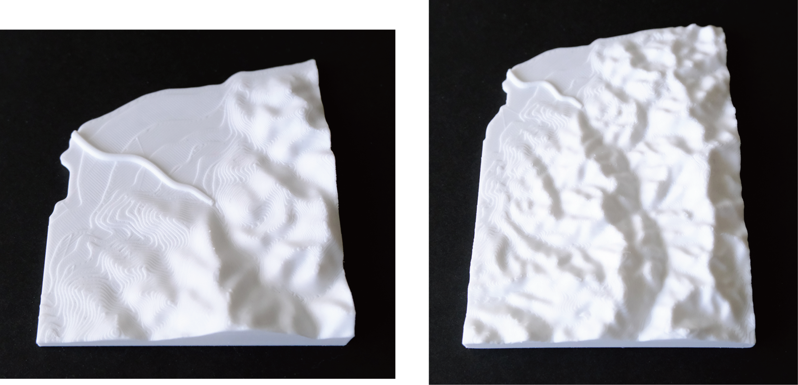 黒部川扇状地の立体地形図の写真である。左は、扇状地近辺のみの地形図で、右は、より広い範囲を含むもので、峡谷（V字谷）の部分を、多く含む。